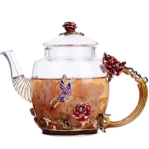 Heat-Resistant Flower Glass Tea Pot Enamel Glass Teapot Flower Enamel Glass Teapot, Creative Glass Teapot and Cup Set Crystal Glass Kung Fu Tea Cup Set (Red)