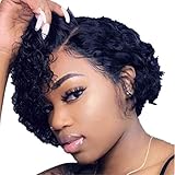 Yeglg Echthaar-Perücke, kurze Afro-Perücke, Lace-Front, brasilianisches Haar, gewellte Perücke, afrikanische amerikanische Frauen,natürliches modisches Haarteil, für Alltag, Cosplay, Party