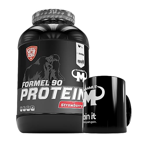 3kg Mammut Formel 90 Protein Eiweißshake - Set inkl. Protein Shaker, Riegel. Powderbank, Griffpolster oder Tasse (Erdbeere, Mammut Keramik Tasse)