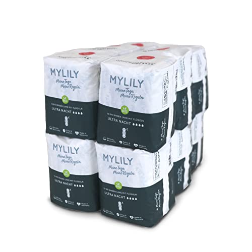 MYLILY® Damen Binden Bio Nacht (12x12 Stück) I 100% Bio-Baumwolle | Binden Atmungsaktiv | Binden Menstruation | Binden Damen starke Blutung | Binden mit Flügel I Organic Binden