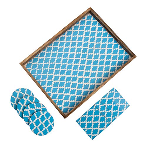 Penguin Home Aqua Blau mit Weiß Geprüft Entwurf Serviertablett-Set für Tee/Kaffee und Lebensmittel mit 4 Quadratischen und 4 Passenden Runden Untersetzern
