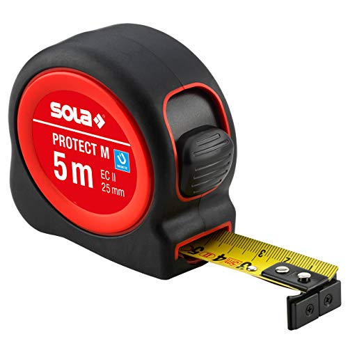 SOLA Bandmaß magnetisch - PROTECT M - 5m / 25mm - robustes Rollbandmaß mit Gürtelclip - Stahlband, gelb mit mm Skala - Genauigkeitsklasse II - Rollmeter mit beweglichem Endhaken - Länge 5m/25mm