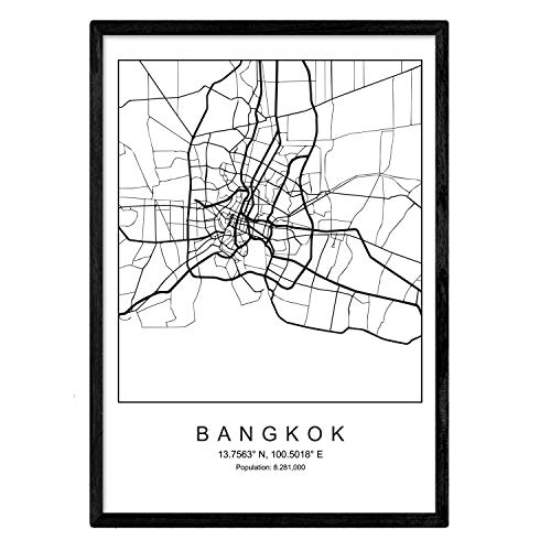 Nacnische Karte der Stadt Bangkok nordischer Stil in Schwarzweiss. Poster A3 Größe mit schwarzem Rahmen gedruckt Papier 250 gr. Bilder, Bettwäsche und Poster für Salon und Schlafzimmer