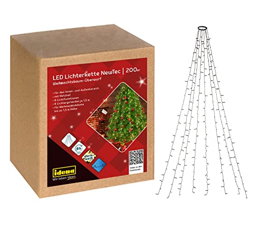 Idena 31040 - NewTec LED Lichterkette für Außen & Innen mit 200 LED in Warmweiß, Weihnachtsbaum-Überwurf mit 8 Strängen, 8 Lichteinstellungen, Netzteil und 8 Stunden Timer Funktion