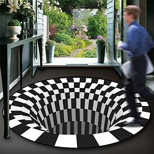 Swirl Illusion Teppich 3D Trap Effekt Bodenloser Grubenteppich Schwarz Weiß Abstrakter Geometrischer Anti-Rutsch-Teppich für Wohnzimmer Schlafzimmer Eingangstürmatte