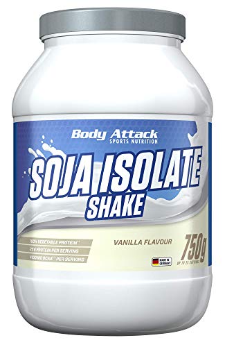 Body Attack Soja Isolat Shake 750g - vegan, laktosefrei, glutenfrei, gentechnisch unverändert - Premium Sojaproteinisolat, löst sich perfekt auf & mit hohen Proteinanteil - Made in Germany, Vanille