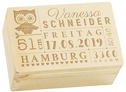 LAUBLUST Erinnerungsbox Baby Personalisiert - Eule - Geschenk zur Geburt | M - ca. 30x20x14cm, Holzkiste Natur FSC®