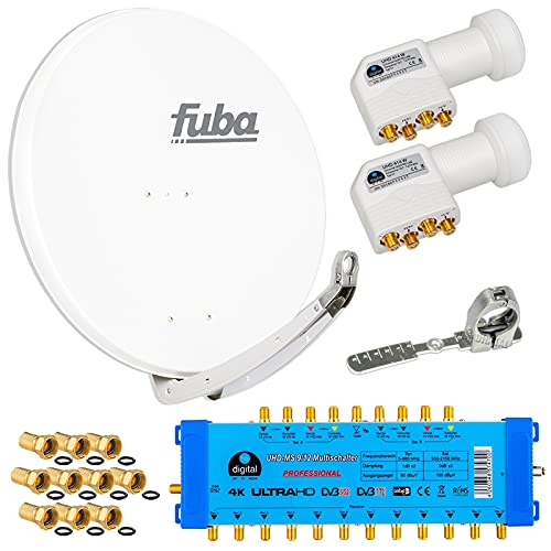 FUBA 12 TEILNEHMER DIGITAL SAT ANLAGE DAA850W + 0,1dB LNB Full HDTV 4K + PMSE Multischalter 9/12 + 40 Vergoldete F-Stecker Gratis dazu