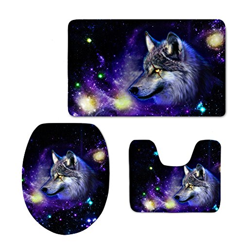 HUGS IDEA Galaxy Wolf bedrucktes Badezimmerteppich-Set, Konturteppich-Sets mit Deckelbezug (3-teilig)