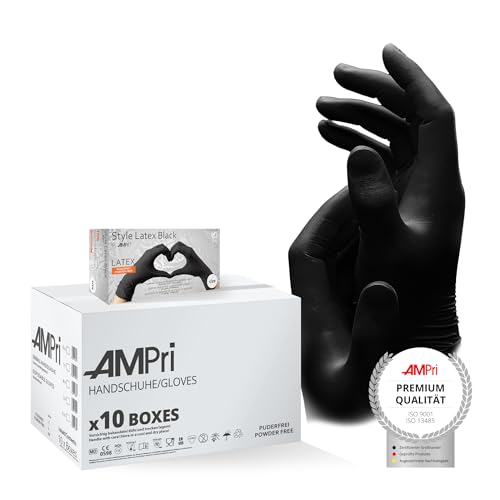 AMPri Latexhandschuhe, schwarz, 10 Box a 100 Stk, Größe M, puderfrei, Style Latex Black: Latex Einweghandschuhe in den Größen XS, S, M, L, XL erhältlich