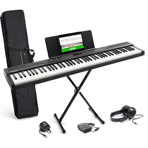 Alesis Recital 88 Key Digital Piano Keyboard mit Full-Size-Tasten, Ständer, Tragetasche, Sustain-Pedal, Kopfhörer und Lautsprechern