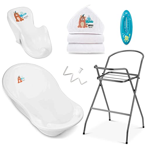 Babybadewanne mit Gestell, Bade Sitz, Kapuzenhandtuch, Thermometer und Abfluss – 6-teiliges Baby Wannen Set aus BPA freiem Plastik – Set für Neugeborene