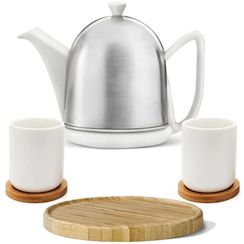 Bredemeijer 6-teiliges weißes Keramik Teekannen Set matt inkl. 2 Teebecher mit Holzuntersetzer & Kannenuntersatz braun - 1 L Steingut Kanne für längeren Teegenuss