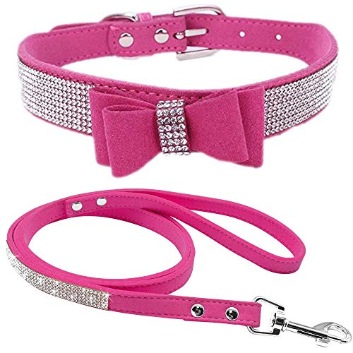 Strass-Hundehalsband, niedlich, schillernd, funkelnd, weiches Samt-Leder-Hundehalsband und Leine, Set für kleine Haustiere, Hunde, Katzen, Welpenhalsband (M: 33–39 cm, Hot Pink-1)
