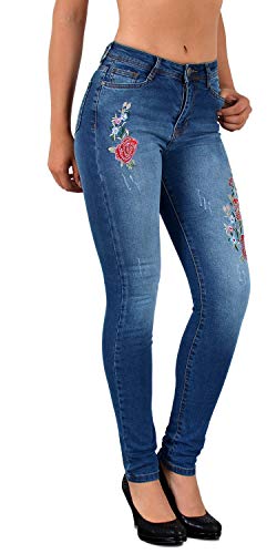 ESRA Damen Jeans Jeanshose Skinny Jeans mit Blumen Rosen Stickerei bis Übergröße Z75
