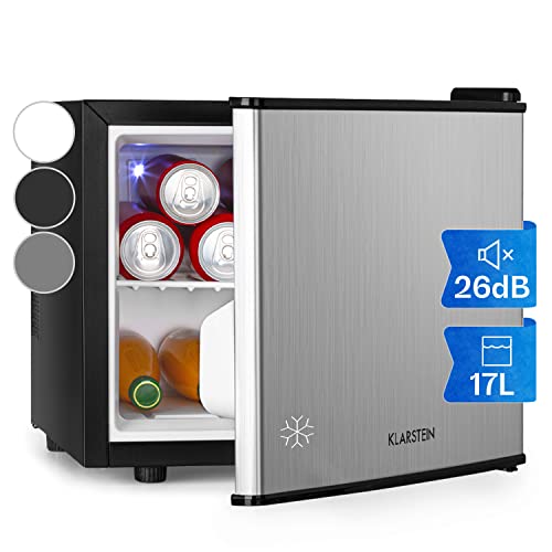 Klarstein Geheimversteck Minibar Minikühlschrank Mini Snacks- und Getränkekühlschrank (EEK: A+, 17 L, 38 dB leise, herausnehmbarer Regaleinschub, stufenloser Temperaturregler) silber