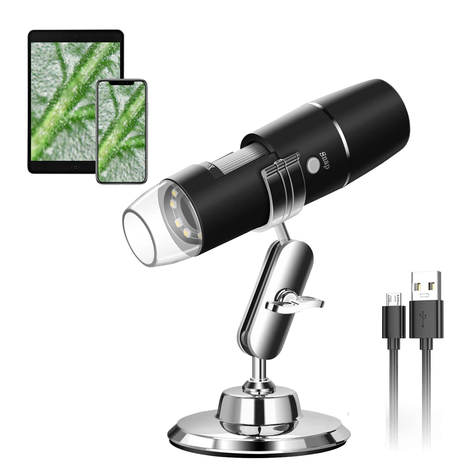 WADEO Digitales USB-Mikroskop, Tragbares WiFi-Mikroskop 50X-1000X Vergrößerung mit Endoskopie und 8 LED, Digitales Mikroskop für Android, iOS, Windows