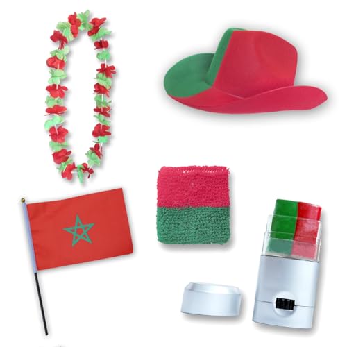 Sonia Originelli Fan-Paket EM Marokko Morocco Fußball Hut Kette Schminke Schweißband Flagge