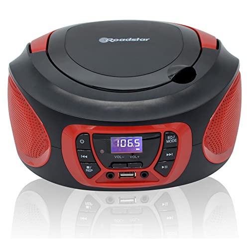 Roadstar CDR-365U/RD Tragbarer Radio-CD-Spieler Digital FM PLL, Boombox-CD-Spieler, CD-R, CD-RW, CD-MP3, USB-Anschluss, Stereo, AUX-IN, Kopfhörerausgang, Schwarz/Rot