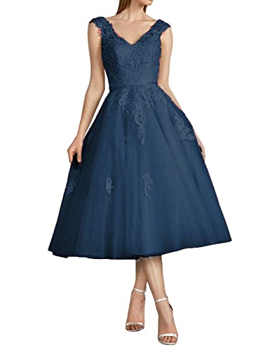 CLLA dress Damen Tüll Brautkleider Spitzen Applikationen Ballkleid Teelänge für die Braut V-Ausschnitt Abendkleider(Navy Blau,44)