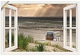 ARTland Wandbild selbstklebend Vinylfolie 70x50 cm Fensterblick Fenster Strand Düne Meer Maritim Strandkorb Küste Insel T6AM