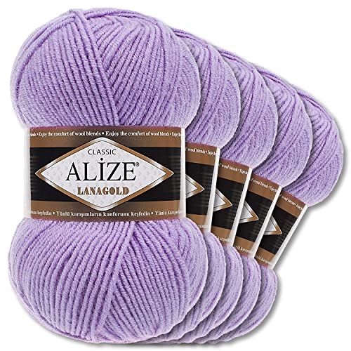 Alize 5 x 100 g Lanagold Wolle | 53 Auswahl | Stricken Häkeln Wolle (166 | Lila)