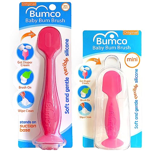Bumco Baby Essentials für Neugeborene – Baby Bum Brush Original Windel Rash Cream Applikator, weicher, flexibler Silikonpinsel, einzigartiges Geschenk plus Mini Windel Rash Cream Applikator mit Reiseetui, Rosa & Rosa
