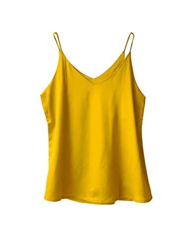 Wantschun Damen Satin Silk Weste Bluse Tank Tops Shirt Cami Spaghetti Träger Camisole Vest V-Ausschnitt Basic - Gelb ; 3X
