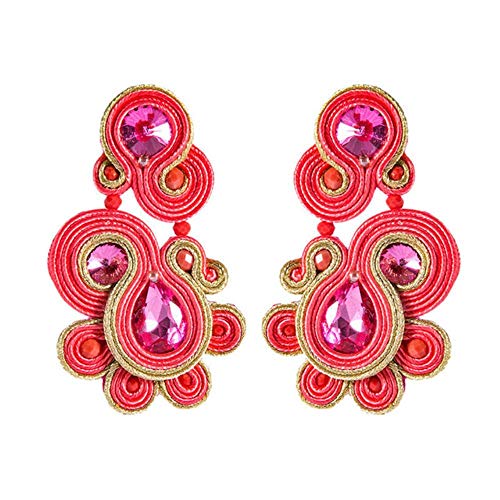 Ethnischer Stil Leder Tropfen Ohrringe Schmuck Frauen Soutache Handmade Weaving Big Hanging Ohrring Geschenk Rose rot