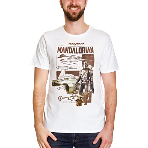 Elbenwald Star Wars The Mandalorian T-Shirt mit Grogu und Mandalorianer Motiv für Herren Damen Unisex Baumwolle weiß - M