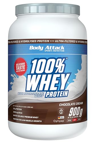 Body Attack 100% Whey Protein - Chocolate, 900g - Produkt der Kölner Liste - extra cremiges Eiweißpulver mit Hydrolysat und BCAA´s, unterstützt Muskelaufbau und Diäten, für alle Sportler & Athleten