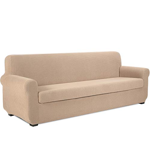 TIANSHU Sofaüberwürfe 4 sitzer,Spandex Sofabezug 2-Stücke Stretch Couchbezug Elastischer Antirutsch Stretchhusse Weich Jacquard Stoff Sofa-Überwürfe(4 Sitzer,Sand)