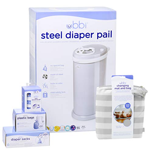 Ubbi Diaper Changing Value Set, Odor Locking Modern Design Baby Accessory, Must Have Set Includes Grey Diaper Pail, Diaper Sacks, Odor Absorbing Gel, Travel Changing Mat and Diaper Pail Waste Bags