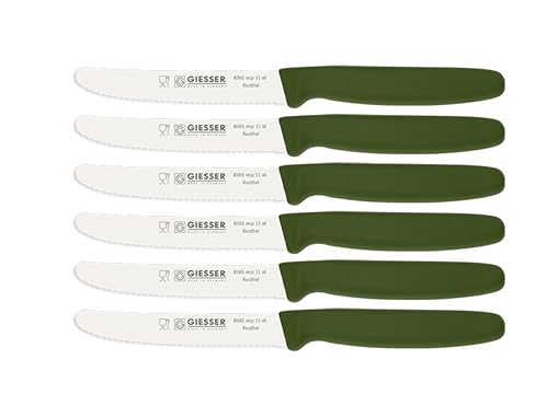 Giesser Messer 6er Set Brötchenmesser Tomatenmesser Küchenmesser 3mm Wellenschliff Klinge 11cm - Olive