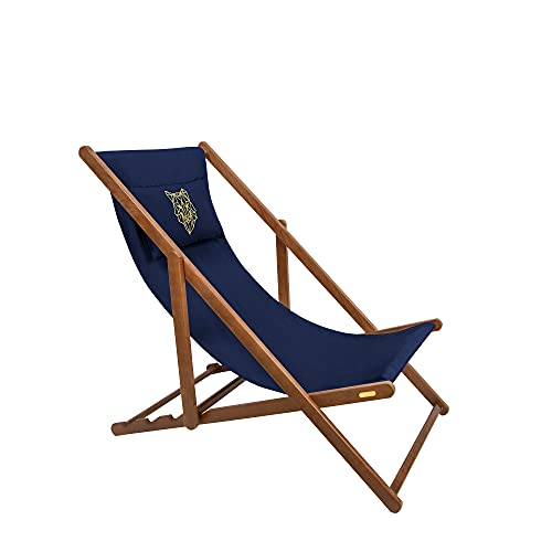 Holtaz Premium Liegestuhl Holz Klappbar Sonnenstuhl Strandstuhl mit Abnehmbarer Stoff und Kopfkissen für Garten Schwimmbad Camping Strand Bars Cafés Hotels bis 130 kg Wolf in blau