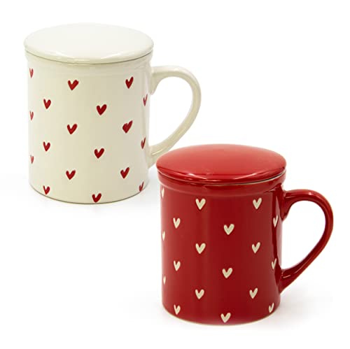 Blümelhuber Tassen Set aus Porzellan mit Herzdekor - 2er Set bunte Tasse mit Herzen mit Deckel und Sieb - 340ml Fassungsvermögen