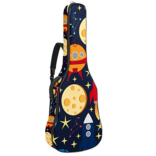 Gitarren-Gigbag, wasserdicht, Reißverschluss, weich, für Bassgitarre, Akustik- und klassische Folk-Gitarre, Weltraum, Sterne, Planeten mit Raketen