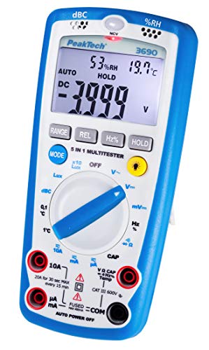 PeakTech 3690 - Digitales 5-in-1 Multimeter, Luxmeter, Schallpegelmessgerät, Luftfeuchtigkeitsmessgerät, Spannungsmesser, Thermometer, Handmultimeter, Durchgangsprüfer, Messgerät, 4000 Counts - 600 V