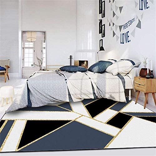 Moderner großer Teppich, Wohnzimmer, Schlafzimmer, großer Teppich, einfacher Kunststeindruck, Weiß / Schwarz, 80 x 120 cm