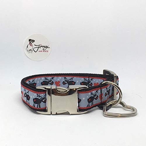 Jimmy und Katz 4260616172379 Hundehalsband Elch in Love 26-40cm x 2cm, grau/rot/schwarz