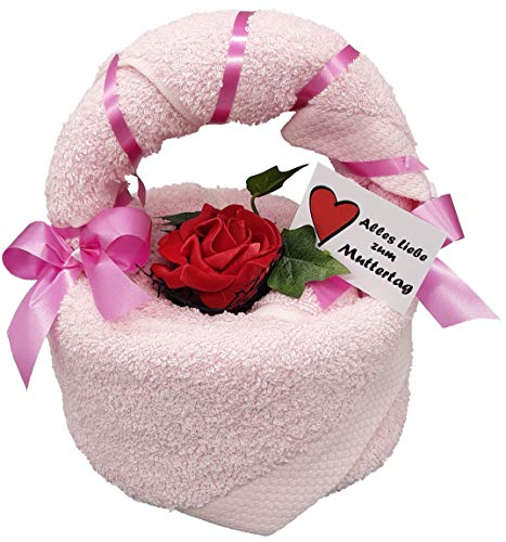 Frotteebox Geschenk-Set Blumenkorb aus Handtuch (100x50cm) und Gästetuch (50x30cm) rosa in Handarbeit geformt mit Deko-Rose zu Muttertag Geburtstag Hochzeit