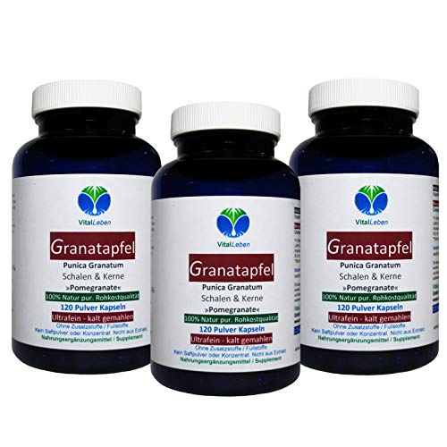 GRANATAPFEL Antioxidans + Ellagsäuren + MultiVitamin + MultiMineral SUPERFOOD für Durchblutung + Wechseljahre + Hitzewallungen - 360 (3x120) Pulver Kapseln - Natur pur - OHNE ZUSATZSTOFFE. 27050-3