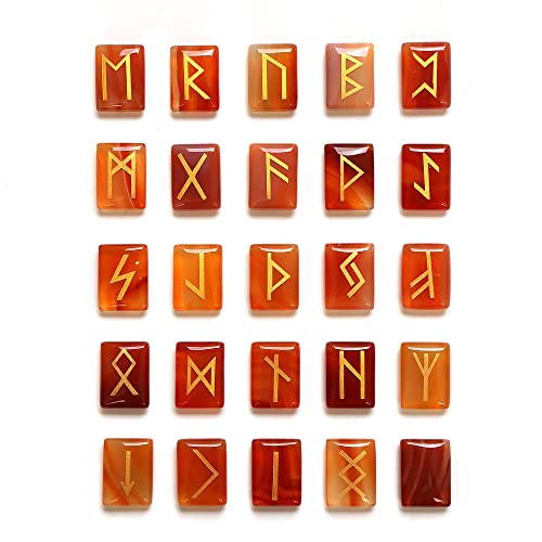 WANGCL 25-teiliges Set aus roten Jaspis-Runensteinen, getrommelter Edelstein mit geschnitzten Runenwörtern für Wahrsagen, Kristallheilung, Reiki