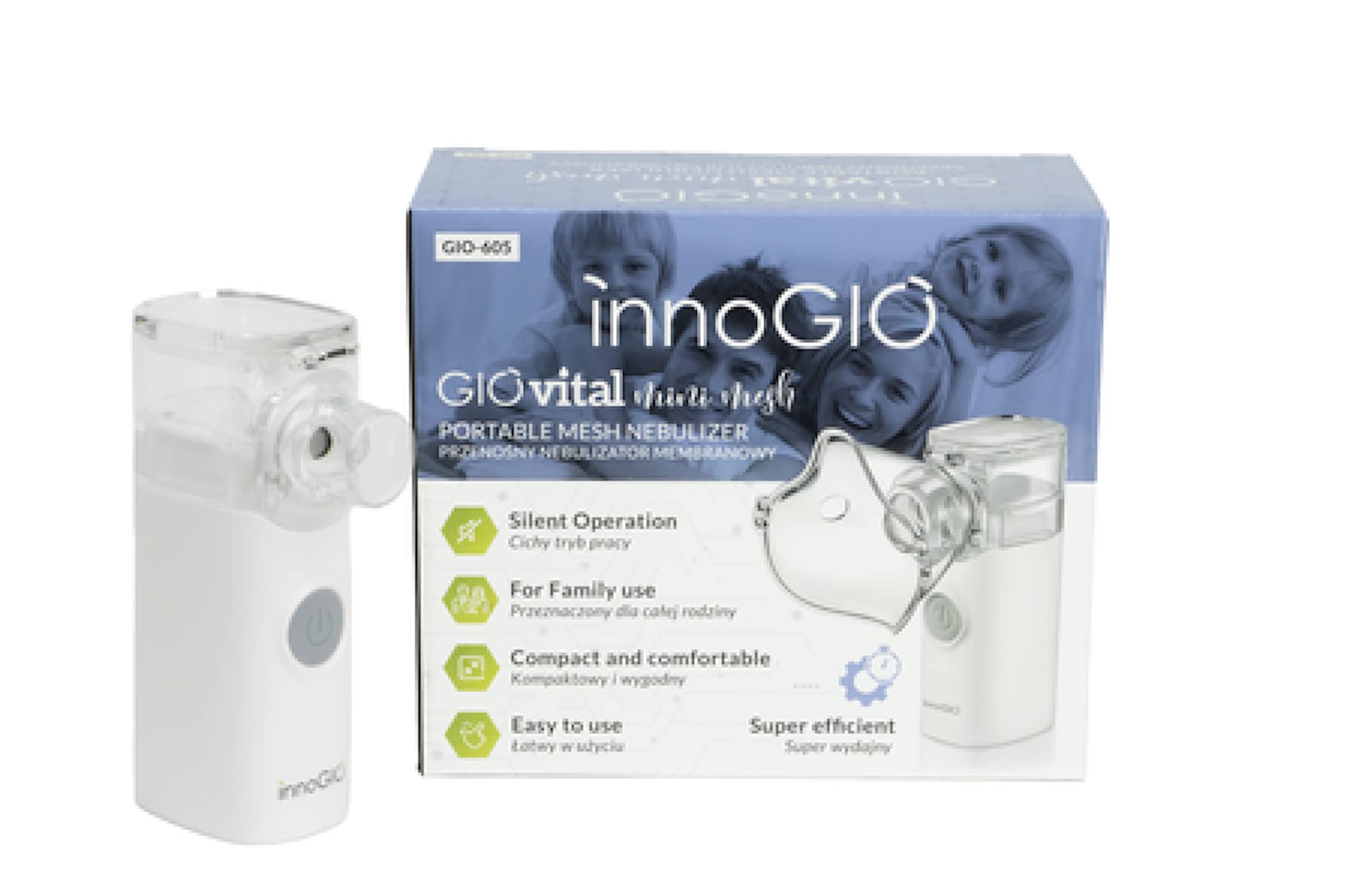 InnoGIO Mini Mesh, Elektrisches Inhaliergerät für Erwachsene & Kinder, Atemgerät mit Medizinischer Zertifizierung, Tragbarer Nebulizer, Weiche Maske, Inhalationsgerät mit Mundstück & Wassertank