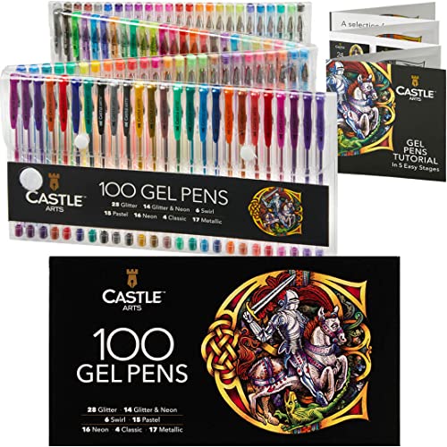 Castle Art Supplies 100 Gel Pen Set mit Etui für Kinder oder Erwachsene Malbücher, Zeichnen, Scrapbooking, Schreiben - Kit Enthält Swirl, Pastell, Metallic, Glitter und Neon Glatte Fine Tip Gels