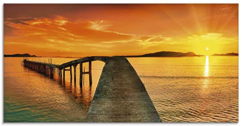 Artland Qualitätsbilder I Glasbilder Deko Glas Bilder 60 x 30 cm Landschaften Gewässer Foto Orange A7QW Sonnenaufgang über dem Meer Pier im Vordergrund Panorama