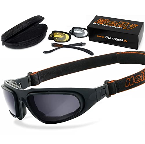 Helly® - No.1 Bikereyes® | beschlagfrei, winddicht, nachtsicht HLT® Kunststoff-Sicherheitsglas nach DIN EN 166 | Bikerbrille, Motorradbrille, Multifunktionsbrille | Brillengestell: schwarz