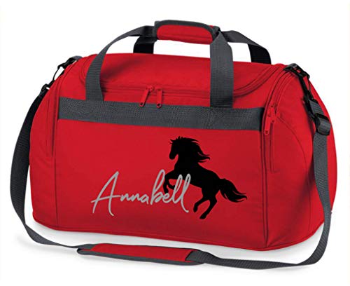 Reittasche mit Namensdruck personalisiert | Motiv aufsteigendes Pferd mit Name | Trage- und Sporttasche für Mädchen zum Reiten in vielen Farben verfügbar (rot)