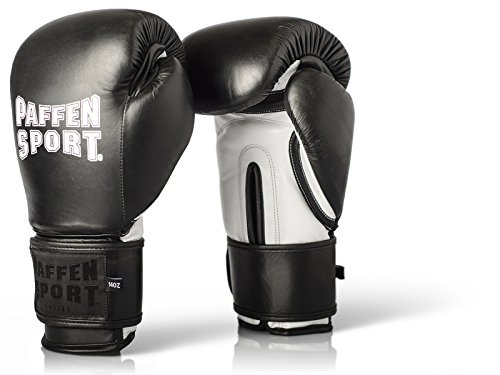 Paffen Sport «PRO Klett» Boxhandschuhe aus echtem Leder für das Training und Sparring im Kampfsport (Schwarz/Weiß, 16UZ)