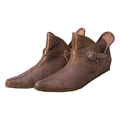 Mittelalter Stiefel Herren Damen Kurze Stiefel - PU Leder Flache Einzelschuhe mit Verstellbarer Gürtelschnalle - Renaissance Larp Stiefel Schuhe Retro Leder Stiefeletten für Männer Frauen (43)